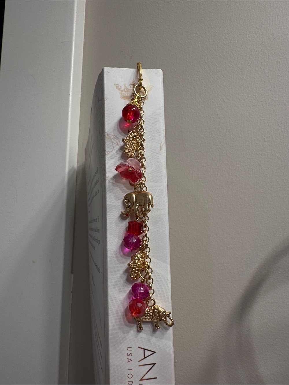 Gold Elephant Charm Bookmark with Red and Pink Beads - Picture 3 of 4